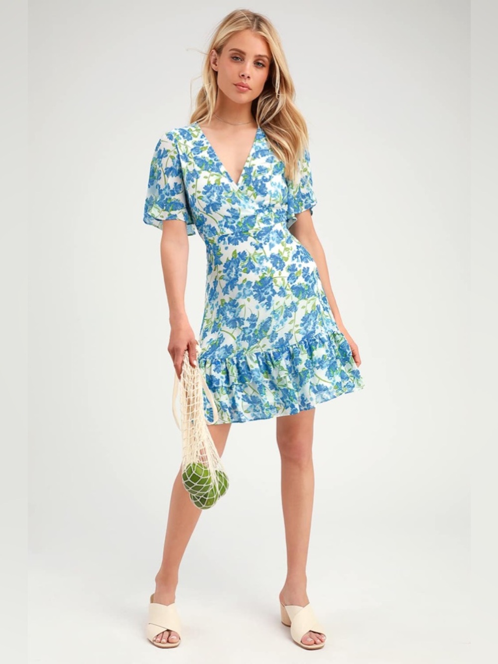 Lulus Glorious White and Light Blue Floral Print Ruffled Mini Dress 💐🩵🌿